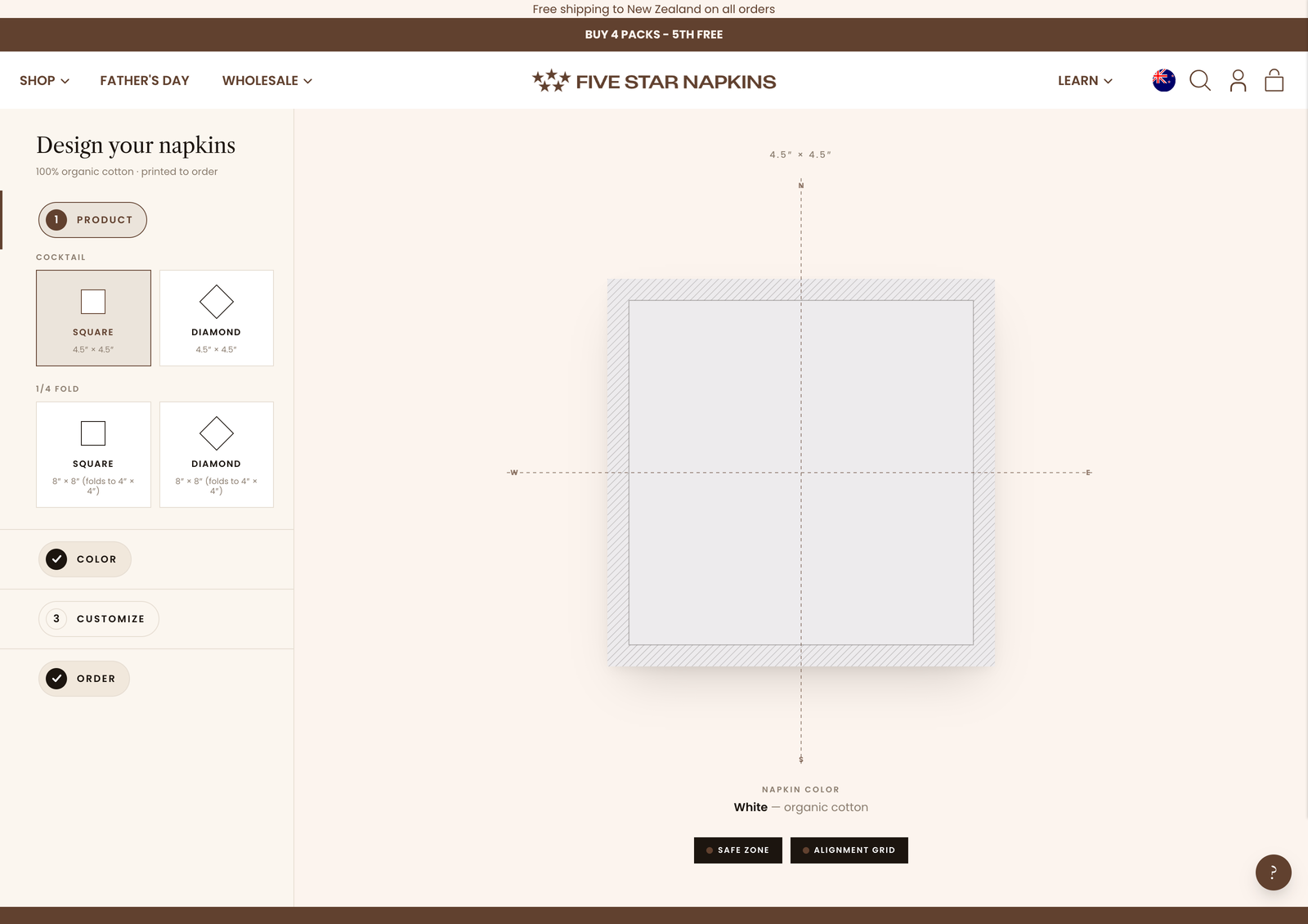 The Five Star Napkins Custom Product Designer: a product picker on the left and a live napkin preview with safe-zone and alignment guides on the right.
