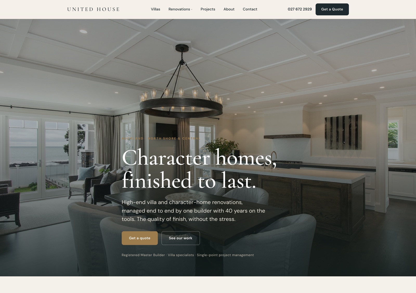 The United House homepage: a high-end villa renovation interior with the headline "Character homes, finished to last."